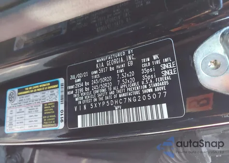 2022 Kia Telluride Sx z USA, uszkodzony, nr VIN 5XYP5DHC7NG205077